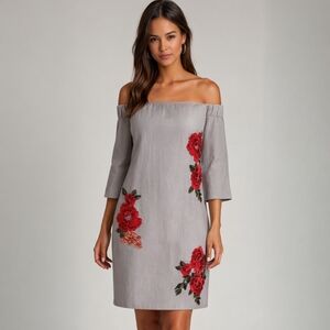 Ellie & Kate Mini Dress Size M Blue Floral Embroidery Rayon Off The Shoulders